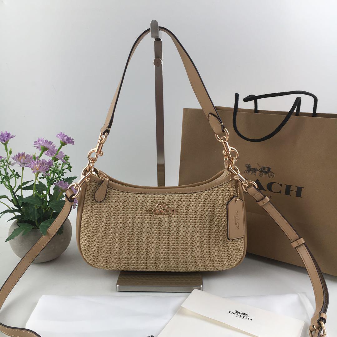 COACH CR350 Teri 2-Way Shoulder Bag Crossbody Straw Leather Latte Multi