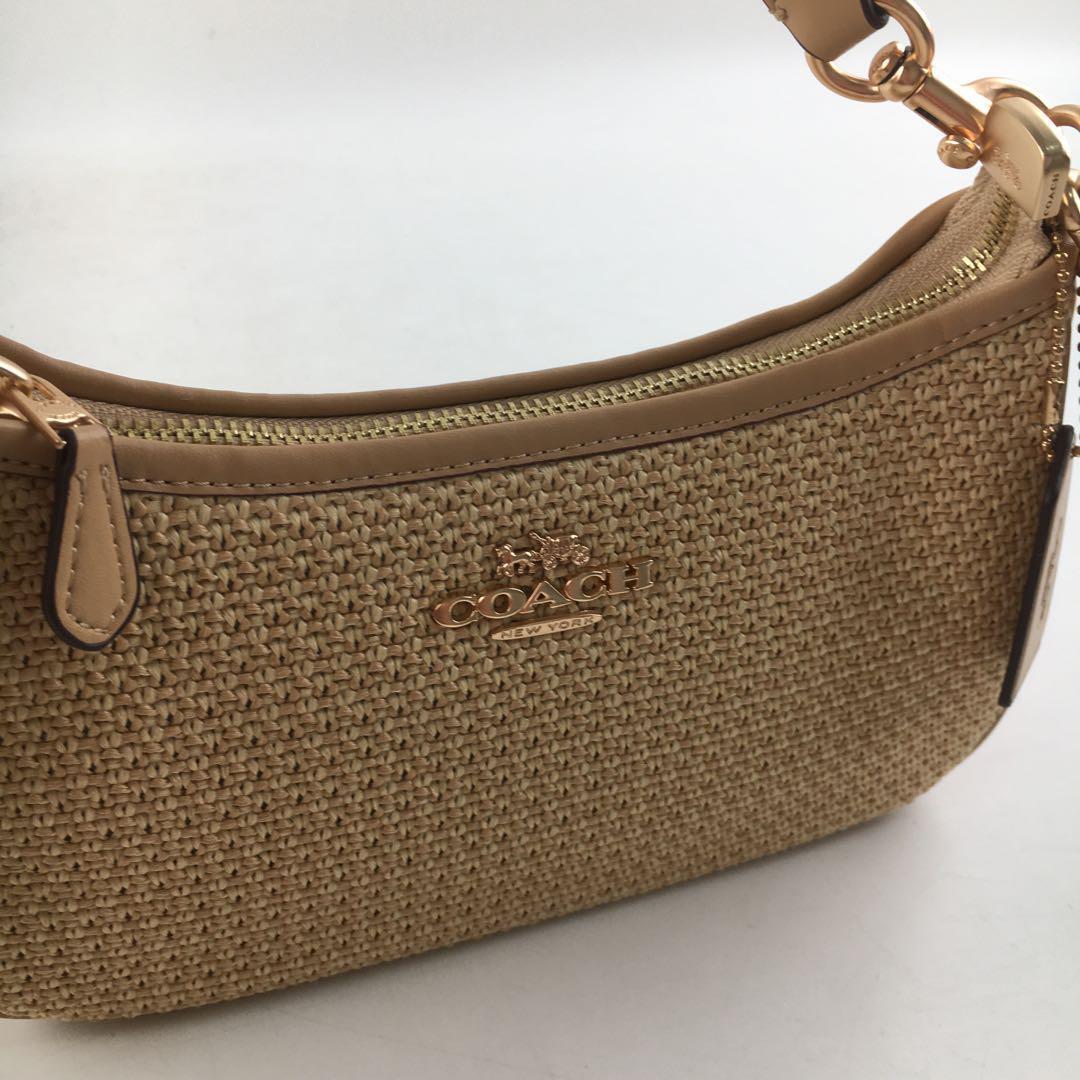 COACH CR350 Teri 2-Way Shoulder Bag Crossbody Straw Leather Latte Multi