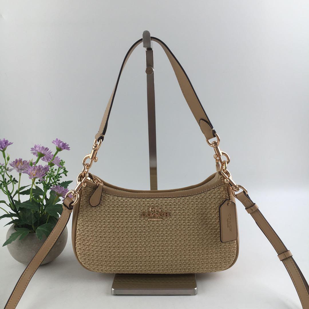 COACH CR350 Teri 2-Way Shoulder Bag Crossbody Straw Leather Latte Multi