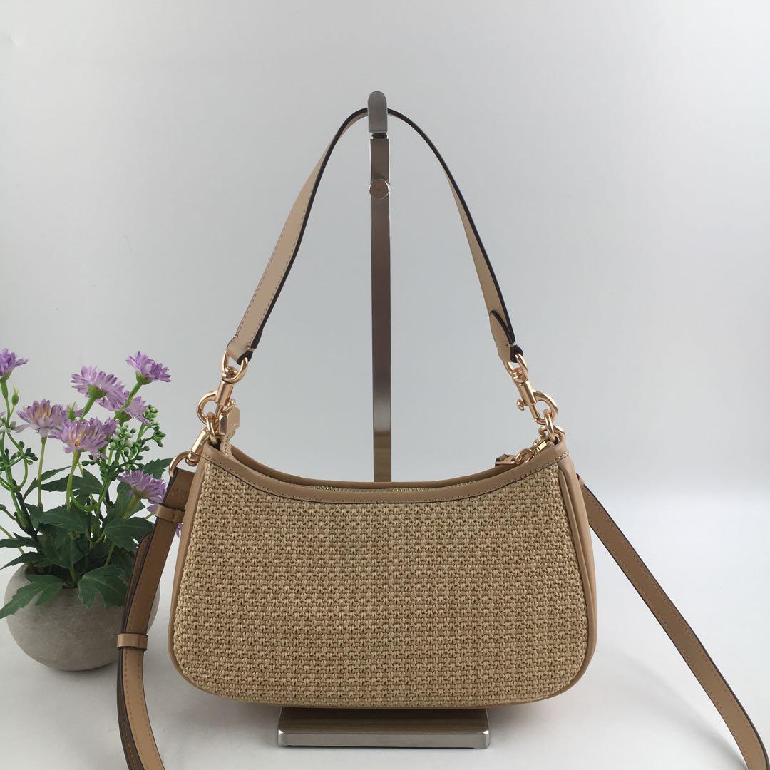 COACH CR350 Teri 2-Way Shoulder Bag Crossbody Straw Leather Latte Multi