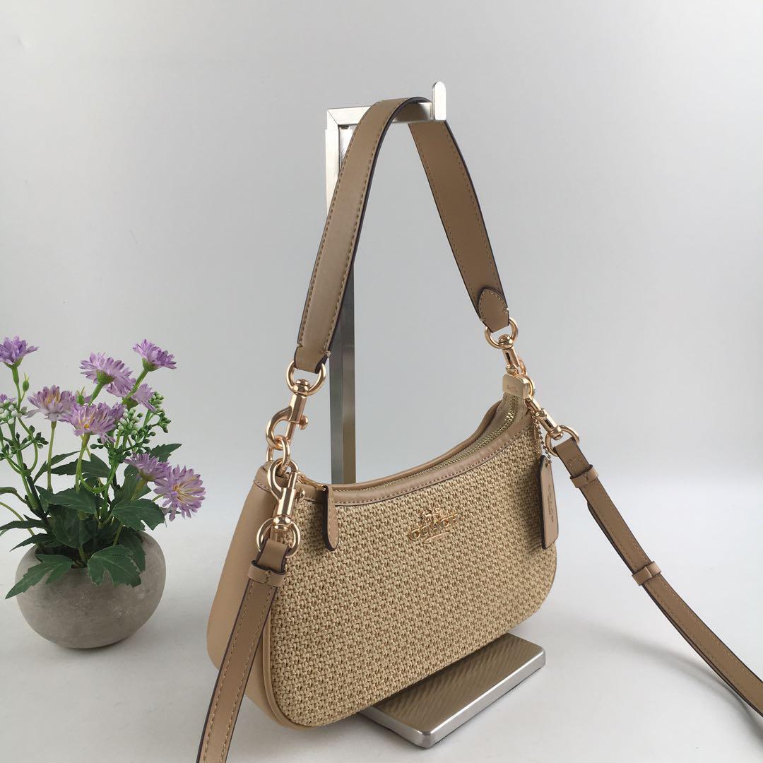 COACH CR350 Teri 2-Way Shoulder Bag Crossbody Straw Leather Latte Multi