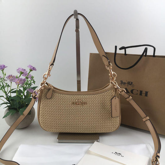 COACH CR350 Teri 2-Way Shoulder Bag Crossbody Straw Leather Latte Multi