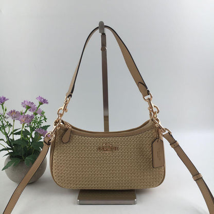COACH CR350 Teri 2-Way Shoulder Bag Crossbody Straw Leather Latte Multi